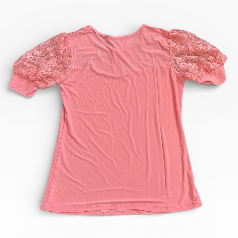 NWT NY Collection Lace Puff Sleeve Blouse Top Pink Romantic Petite Small PS - Picture 5 of 12